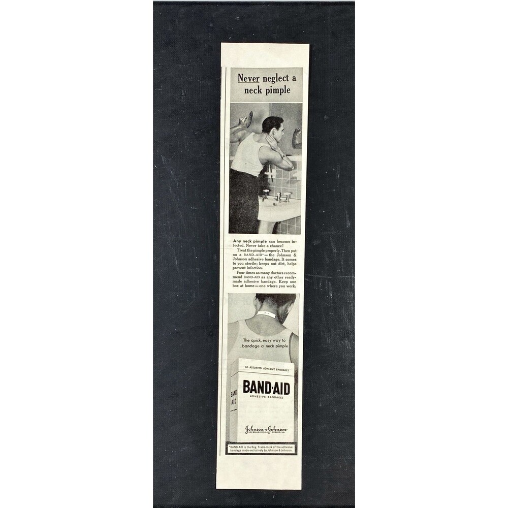 Johnson & Johnson Band Aid Adhesive Bandages"Never Neglect a Neck Pimple"Ad 1946